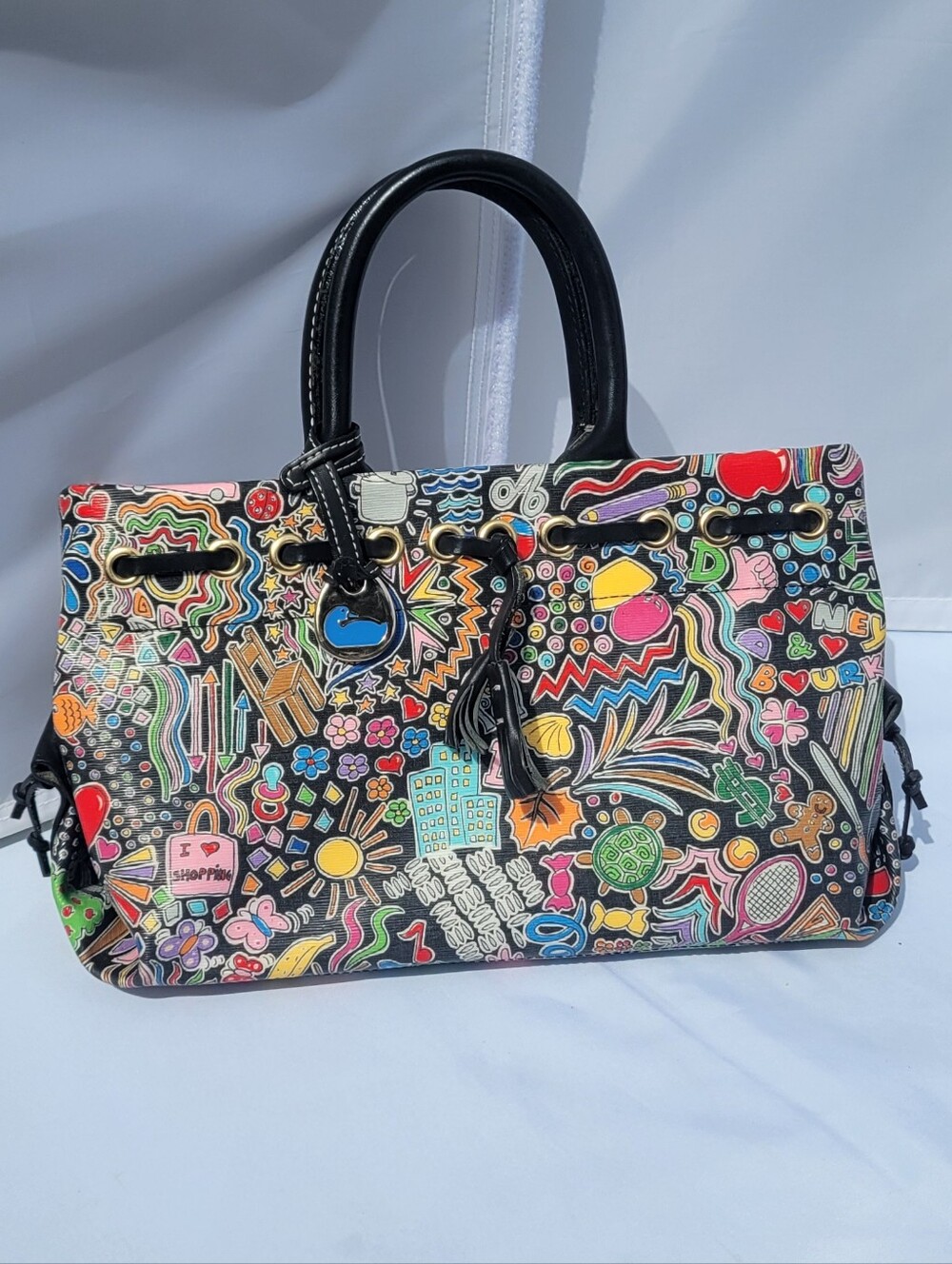 Doonie Shopping Craz Limited Colorful Waxed Canvas Bag Black Leather Handles